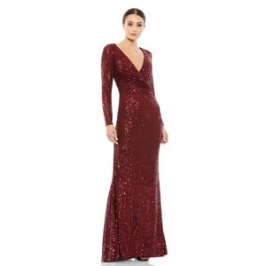 NWOT MAC DUGGAL Burgundy SEQUINED FAUX WRAP LONG SLEEVE COLUMN GOWN